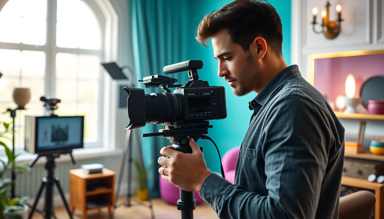 Creating impactful branded content with a professional videographer in a vibrant studio.