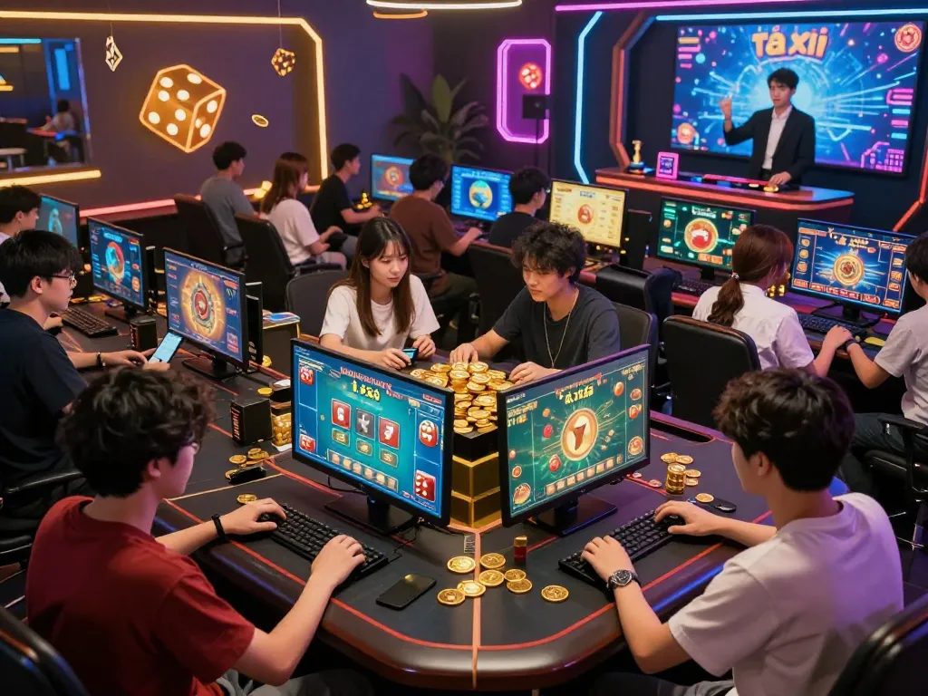 Players enjoying a lively tài xỉu online game with colorful screens and vibrant decor.