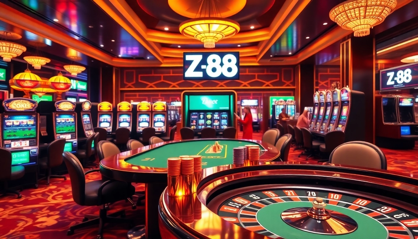 Players enjoying a thrilling poker game at ZX 88 casino, surrounded by vibrant slots and roulette wheels.