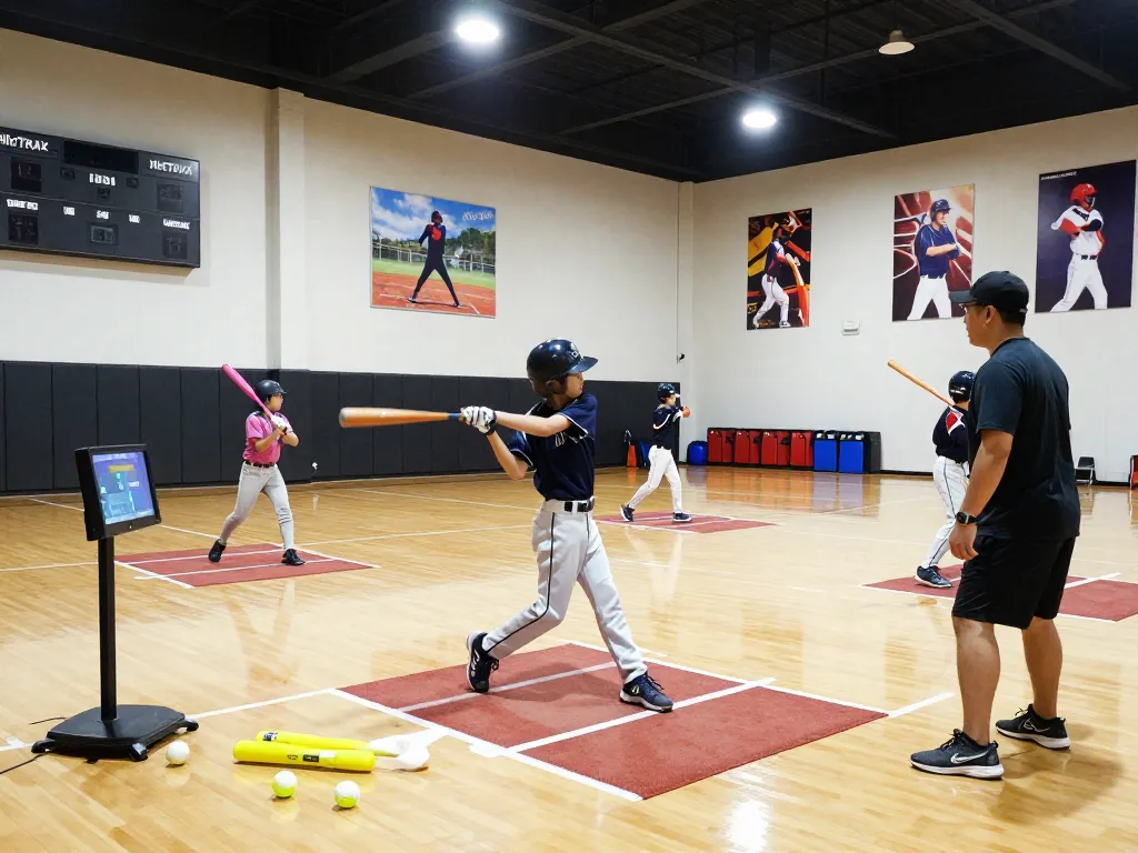 Athlete practicing baseball swings at Hitclub training facility, bright lights, coach observing, dynamic action.
