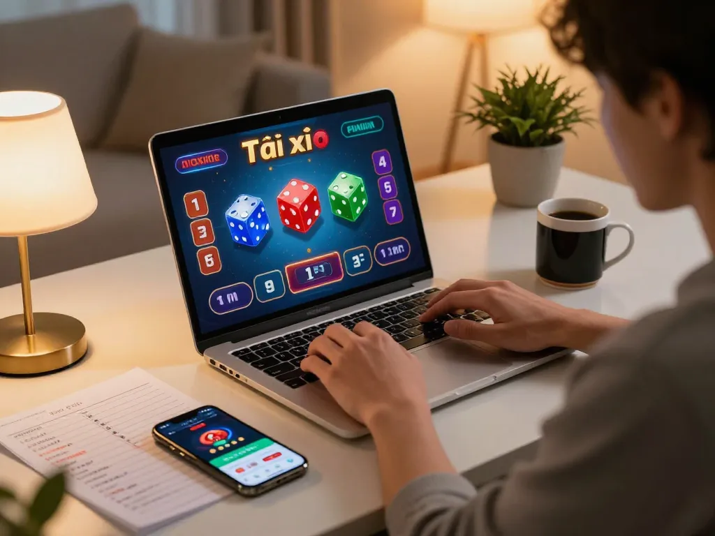 Engaging in Tài xỉu online strategies while playing at home, showcasing a focused gameplay experience.