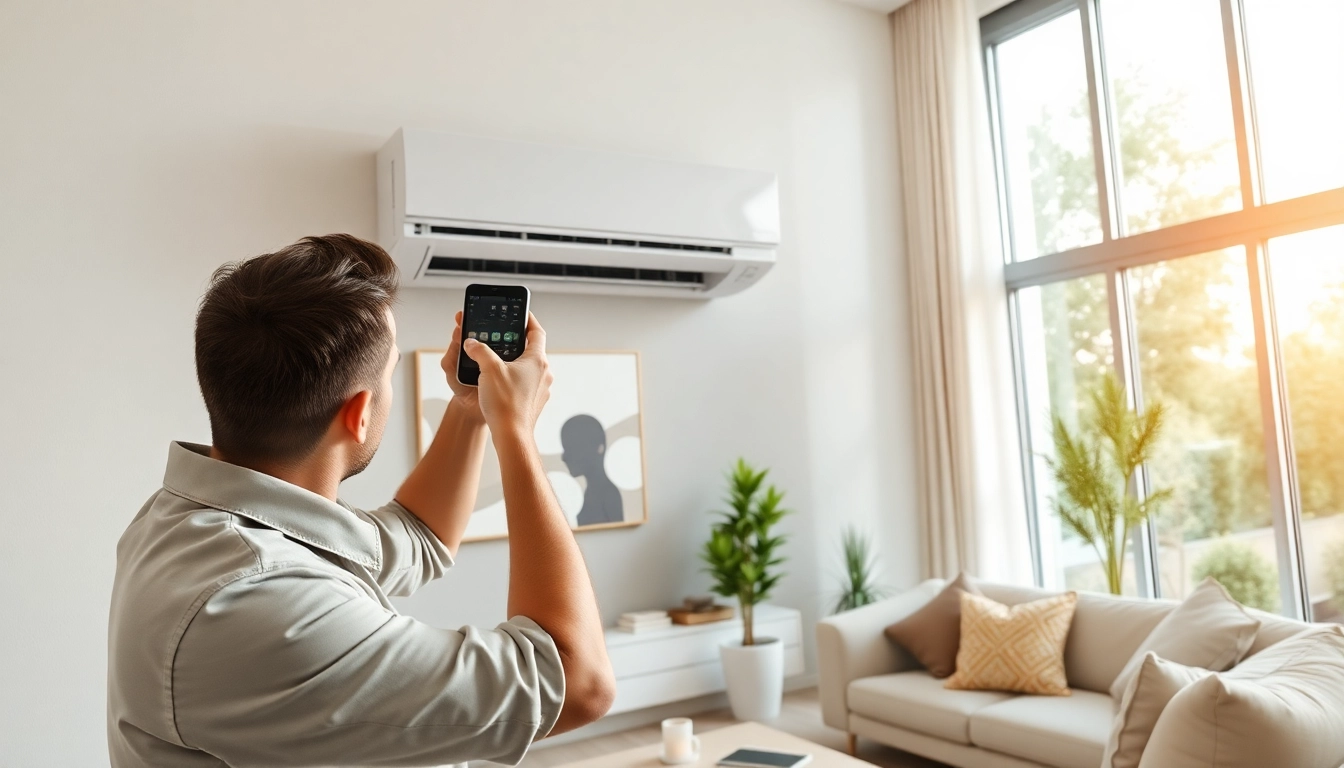 Installing a mini split ac in a chic living room environment, showcasing modern decor.