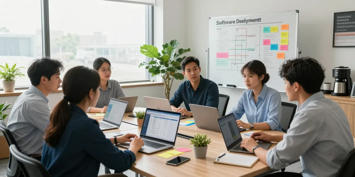 Team using RTIscheduler for project management in a bright office setting.