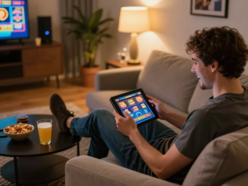 C168 user enjoying slot gameplay on a tablet at home, showcasing a cozy gaming atmosphere.