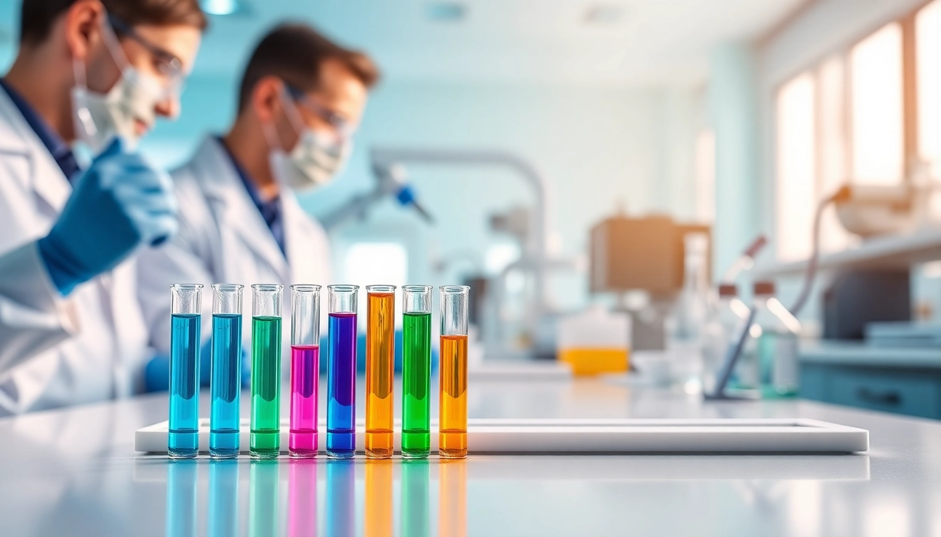 Showcase of Peptides UK showcased in a modern lab with scientists analyzing peptide solutions.