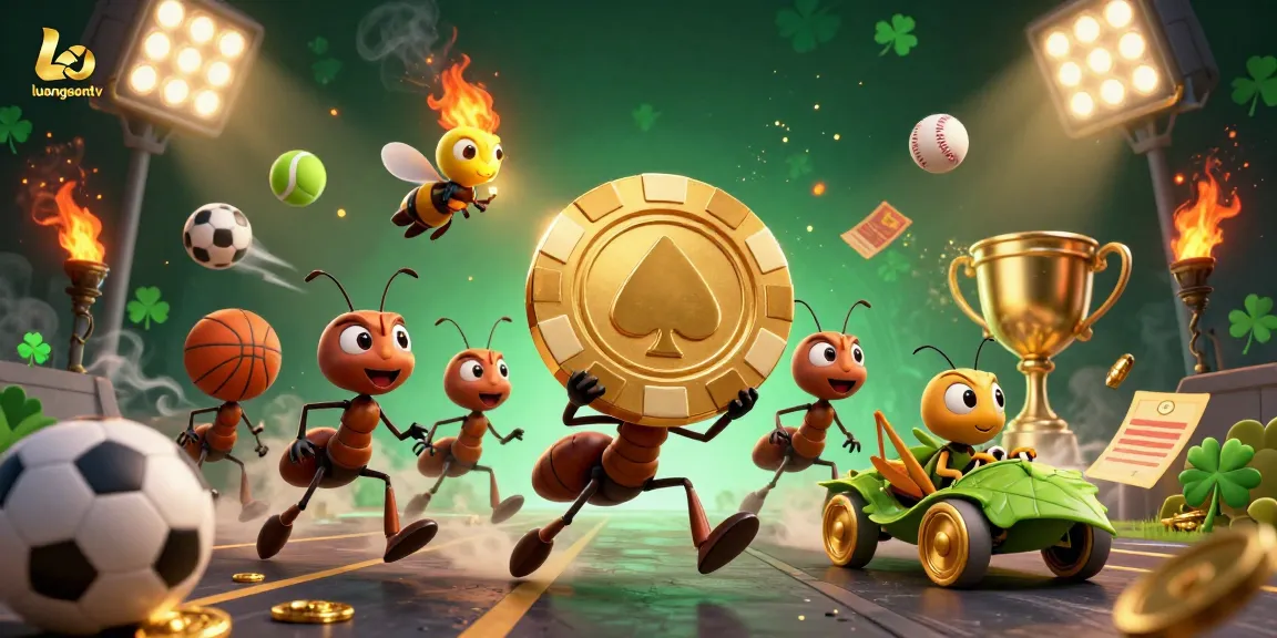 Experience luongsontv with a lively 3D illustration of ants and sports betting elements.