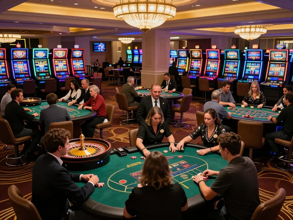 Players enjoying various games at ALO8 casino during an exciting evening session, vibrant atmosphere