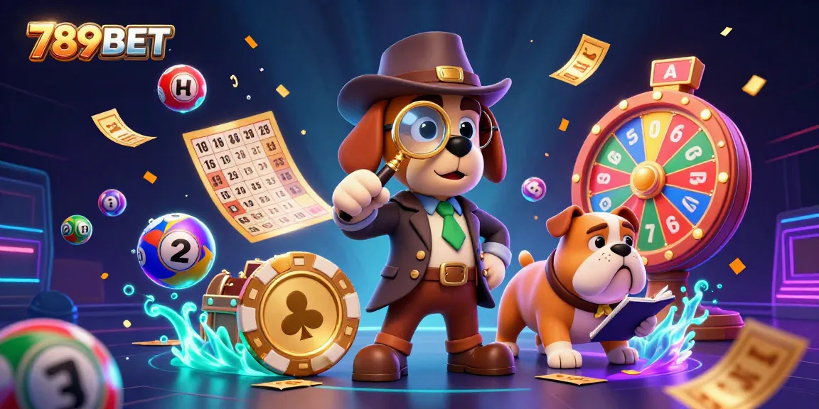 Experience the vibrant world of 789BET with a cartoon detective investigating gambling clues during a money rain.