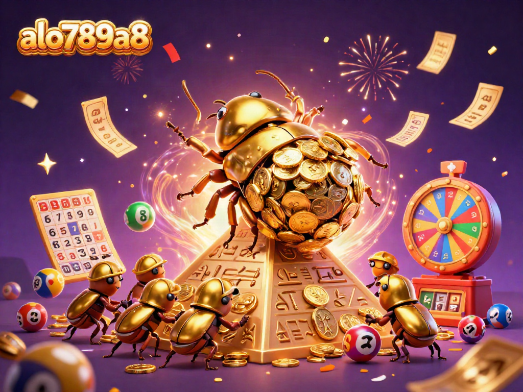 Engage with the excitement of alo789a8 as a golden dung beetle rolls coins amidst colorful dynamic casino elements.