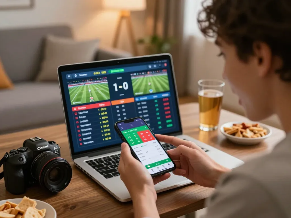 Experience tin soi kèo with a user engaged in sports betting on their smartphone, showcasing an exciting gaming environment