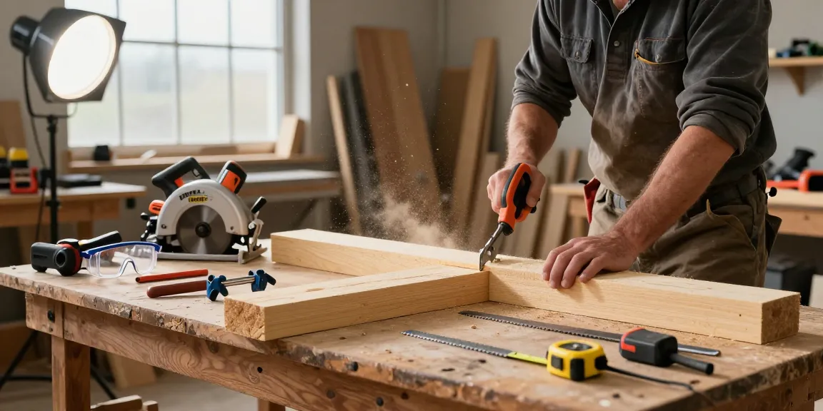 Dewalt alligator saw cutting through wood in a busy workshop, showcasing power tools and a skilled tradesperson.