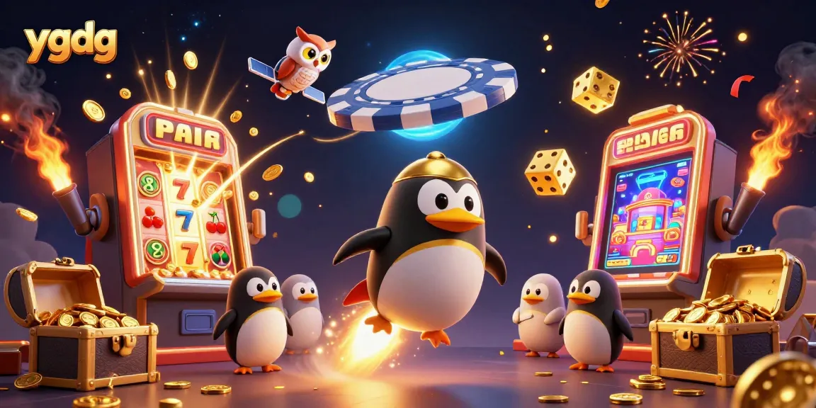 Spin to win at ygdg with a golden penguin and jackpot explosion in a vibrant casino scene.