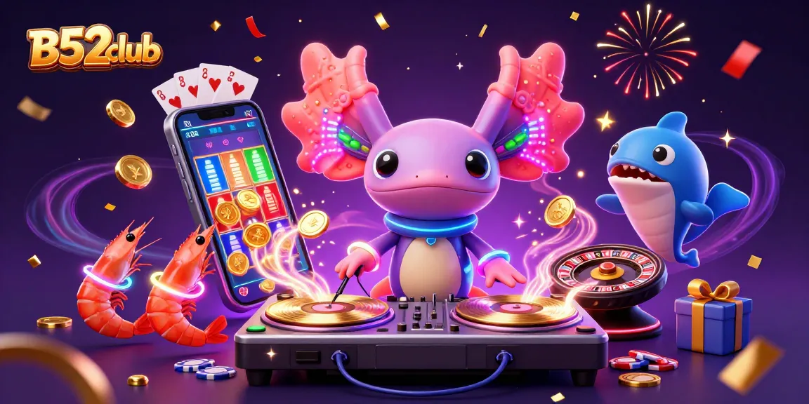 B52club entertainment features neon DJ axolotl, colorful slot games, and dynamic casino elements in a vibrant 3D scene.