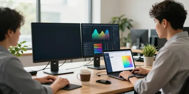 Professional workspace highlighting instant indexing analytics tools with dual monitors.