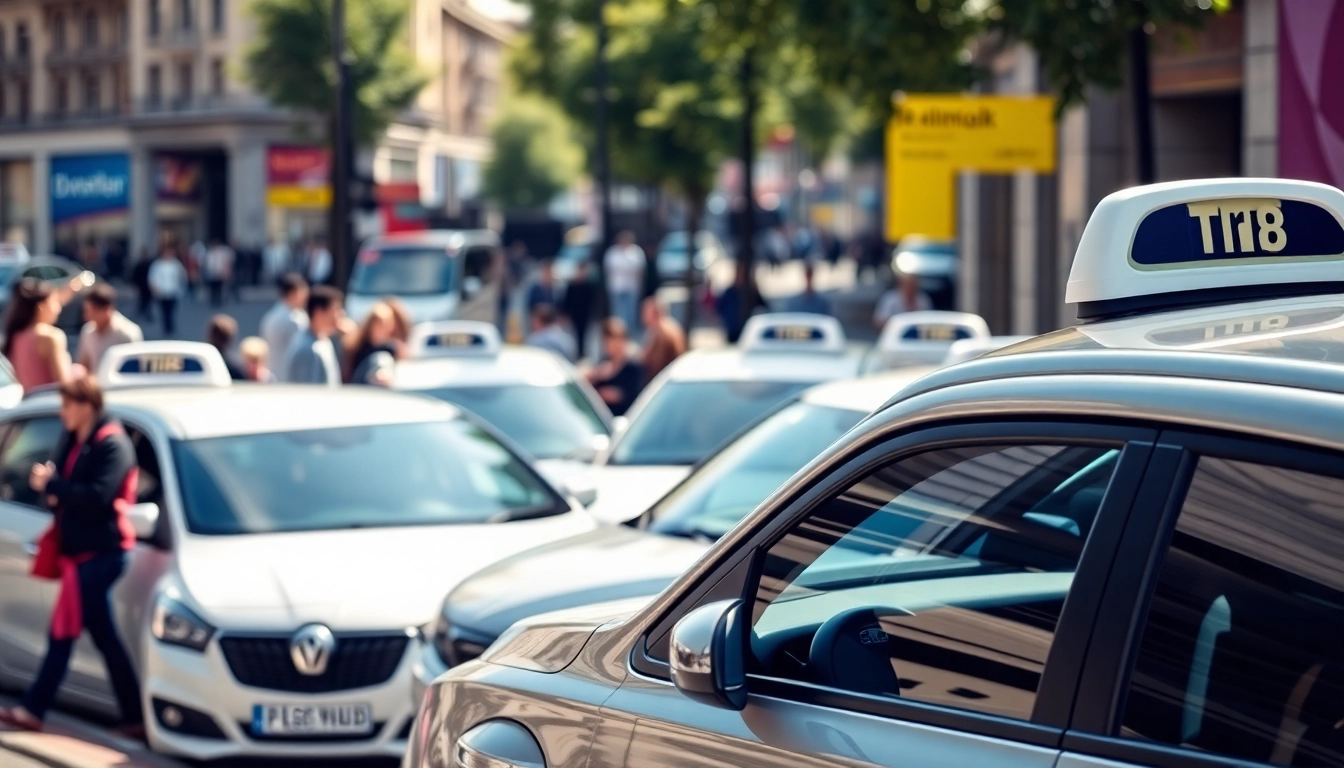 Minicabs lined up at a busy street corner, showcasing convenience and urban transportation.