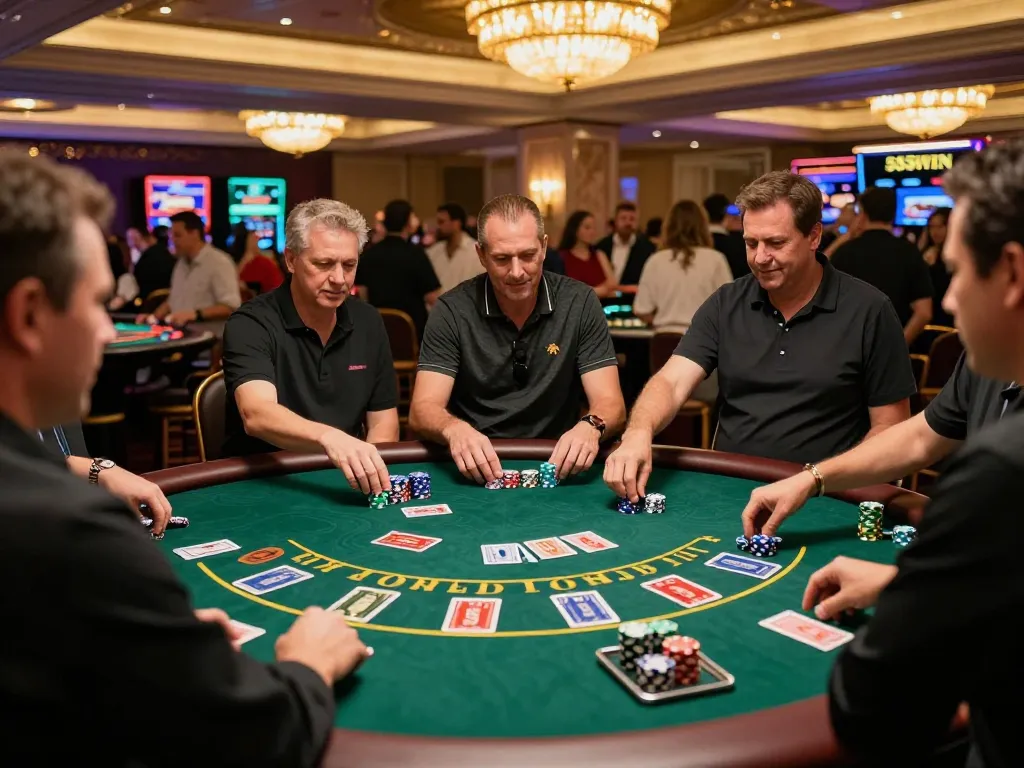 Players engaging in exciting hands of blackjack at 555 WIN casino floor, showcasing strategic gameplay and vibrant atmosphere.