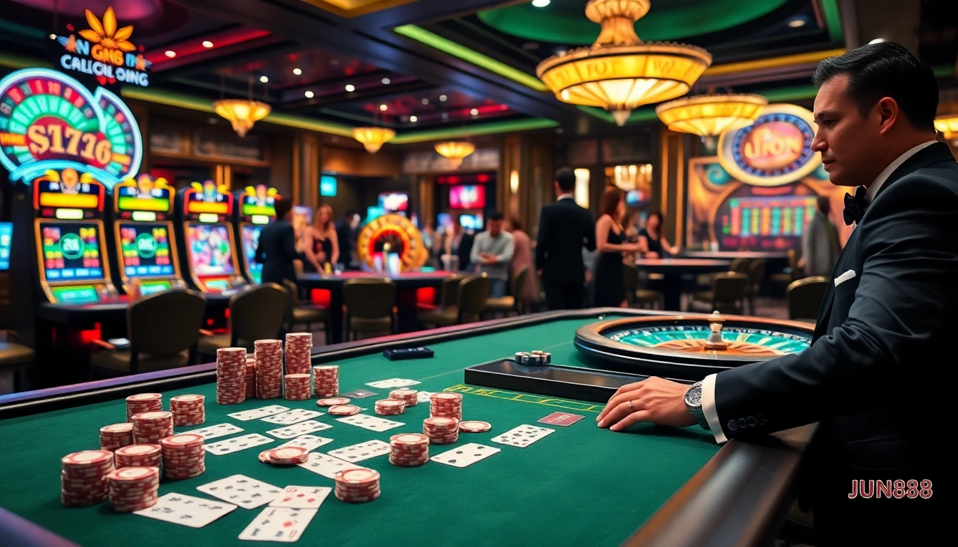 Exciting casino scene with poker cards and Jun888 elements showcasing luxury gambling experience.
