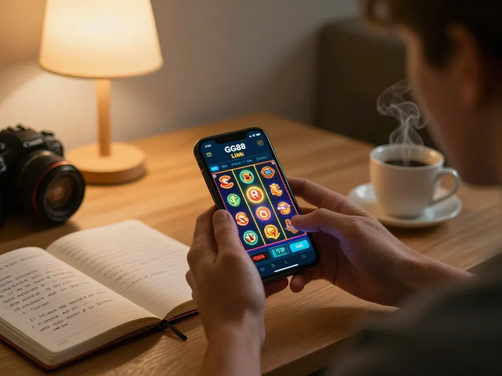 Engaging with the GG88 slot Link, a player examines vibrant slot reels on a smartphone in a cozy home setting.