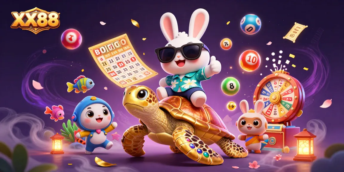 Experience thrilling games at XX88 with a vibrant 3D scene featuring a lucky rabbit and a golden turtle.