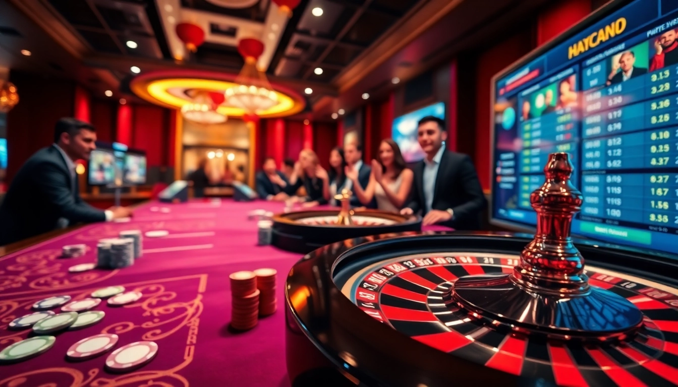 Experience thrilling online gambling with https://qq88.today/ at a luxurious casino scene featuring vibrant tables and exciting games.
