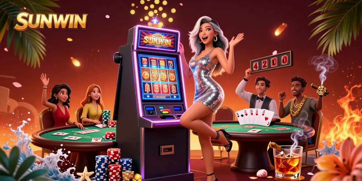 SUNWIN casino scene showcasing a joyful woman celebrating a jackpot with colorful poker elements scattered around.