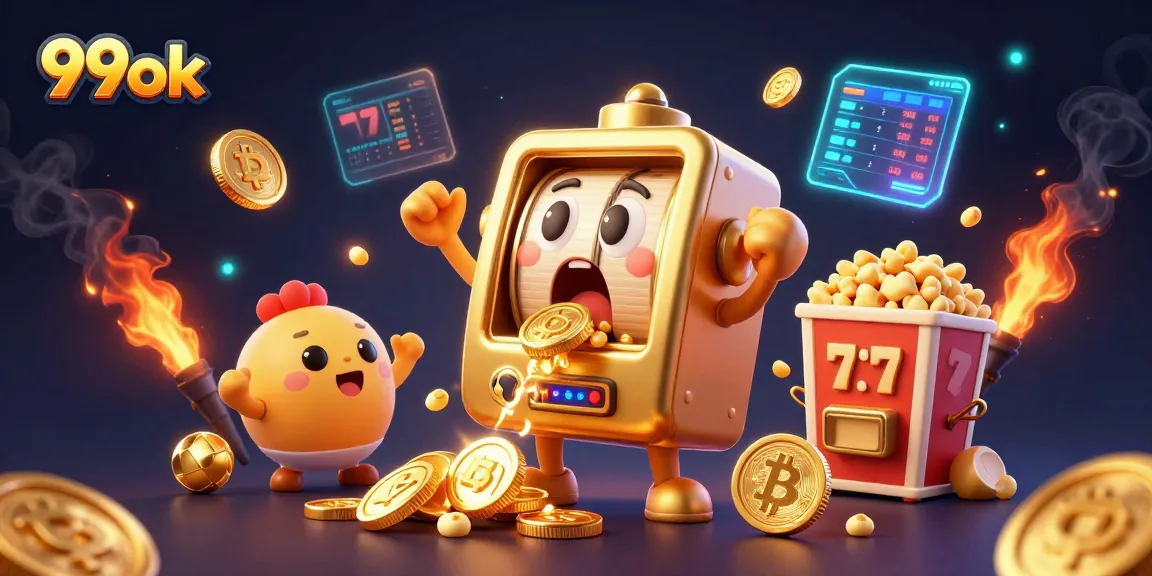 Experience thrilling jackpots at 99ok with a lively illustration of a golden slot machine winning coins while baby slots cheer.