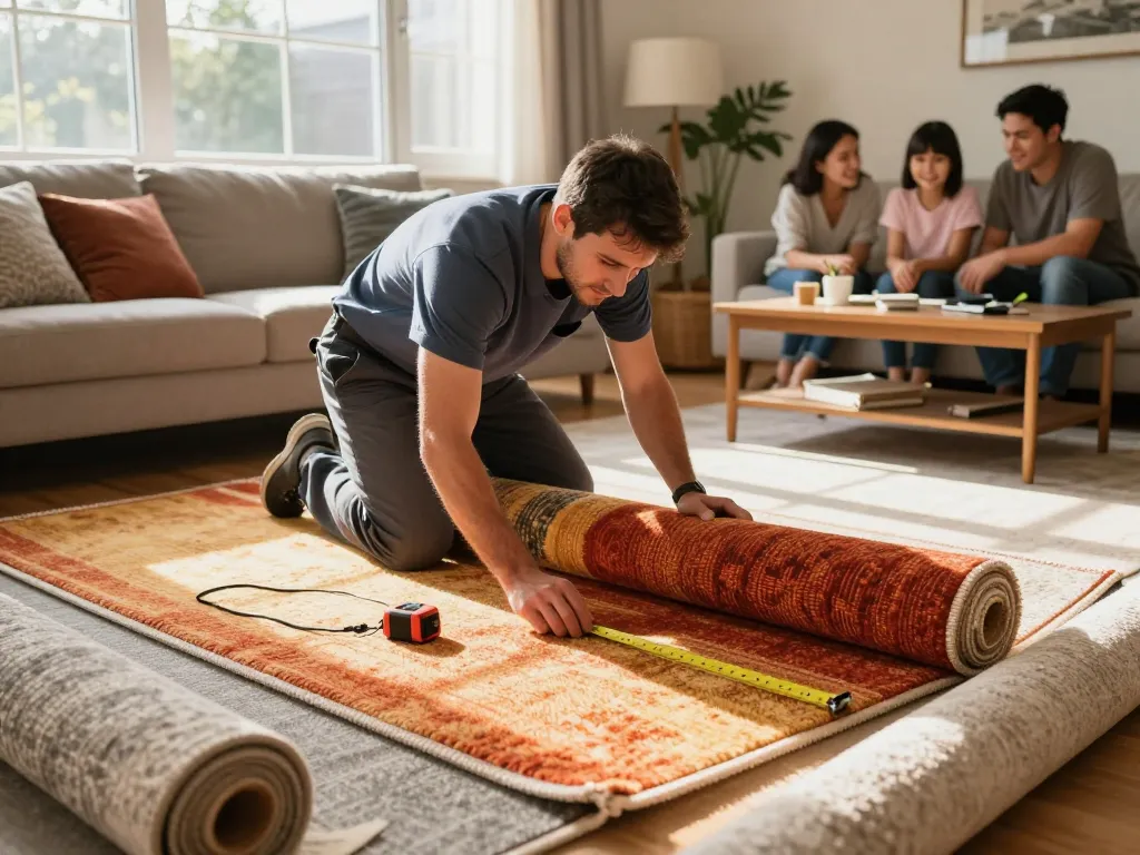 Professional carpet fitters near me installing vibrant carpet in a cozy living room