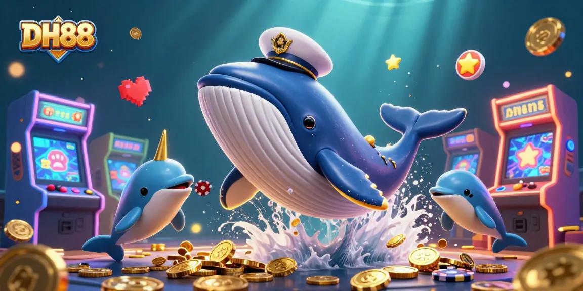 Join the excitement with DH88's thrilling 3D casino scene featuring playful dolphins, a captivating whale, and vibrant game machines.