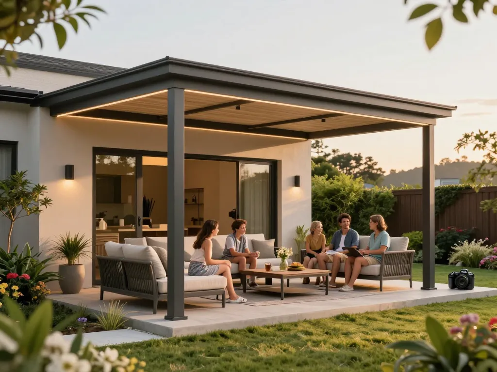 Family enjoying a stylish veranda configurator setup in a beautifully landscaped garden