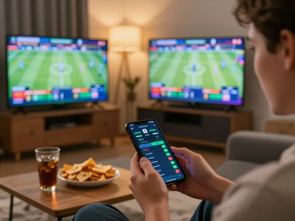 Engaging in live sports betting with cm88seo app on smartphone, showcasing interactive betting options and social atmosphere.