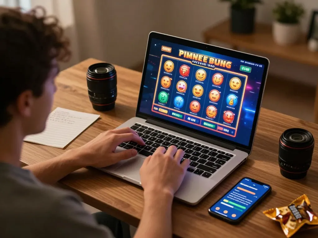 Player engaged in free credit slot gaming session on laptop in cozy home office atmosphere.