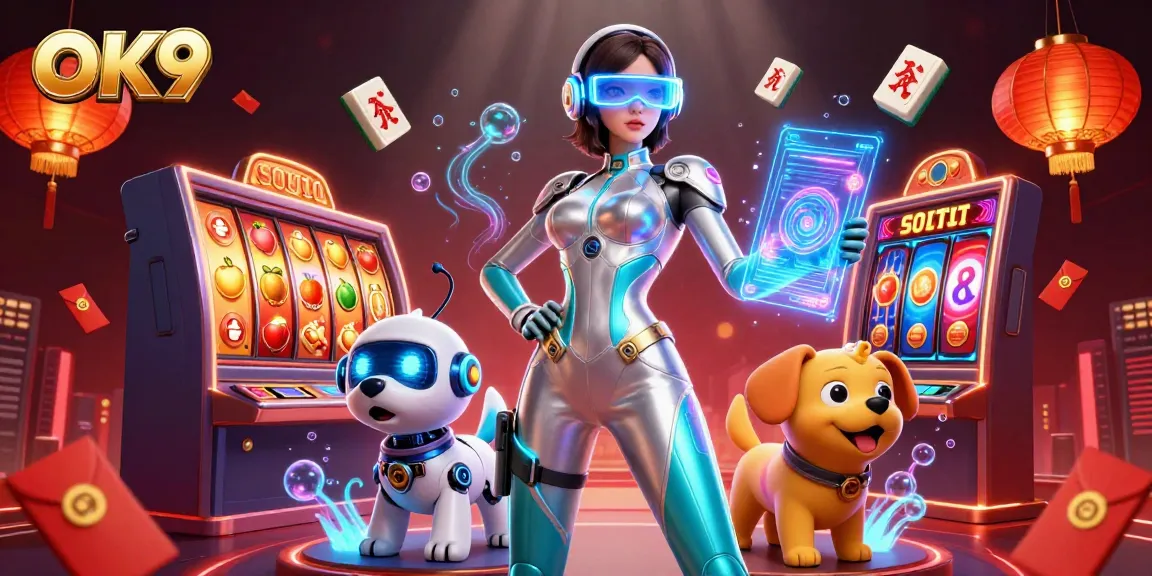 Engage with OK9's thrilling casino experience featuring a futuristic woman and robot dog amidst vibrant slots.