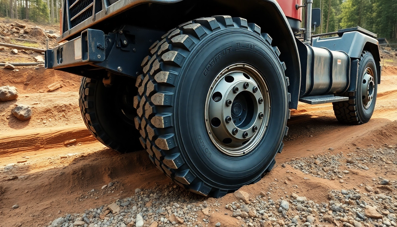 RR99 all-position tire on a commercial truck in rugged terrain.