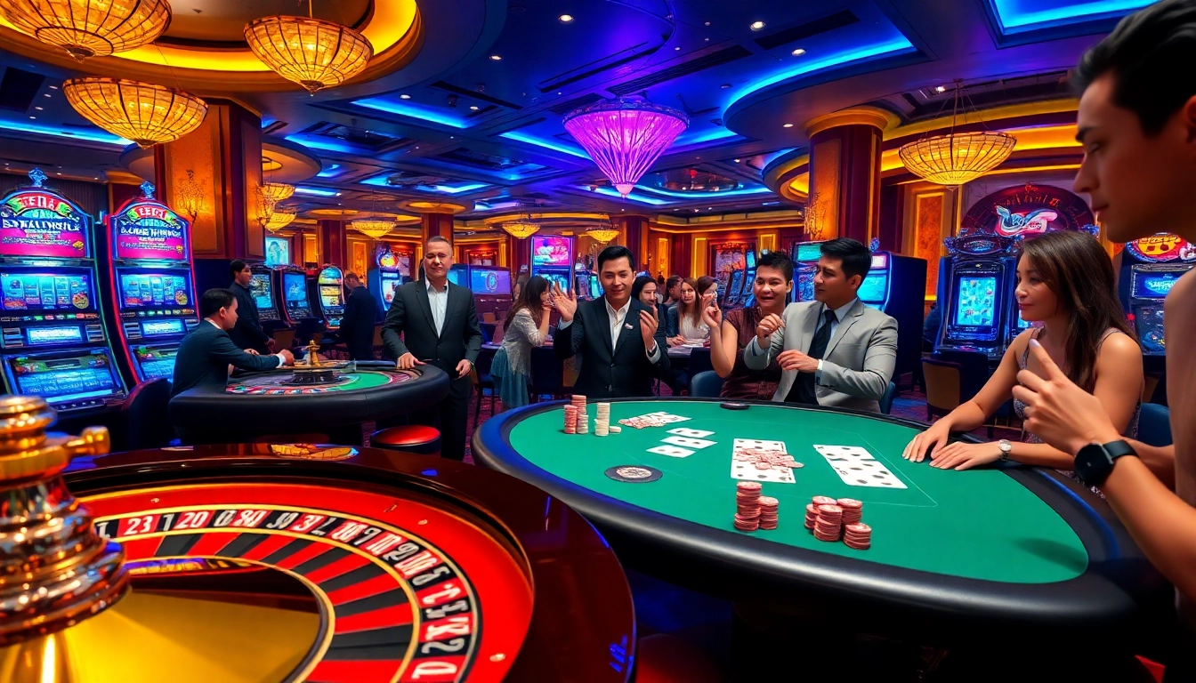 Experience the excitement of the Trang game RR88 in a vibrant casino setting with players at tables.