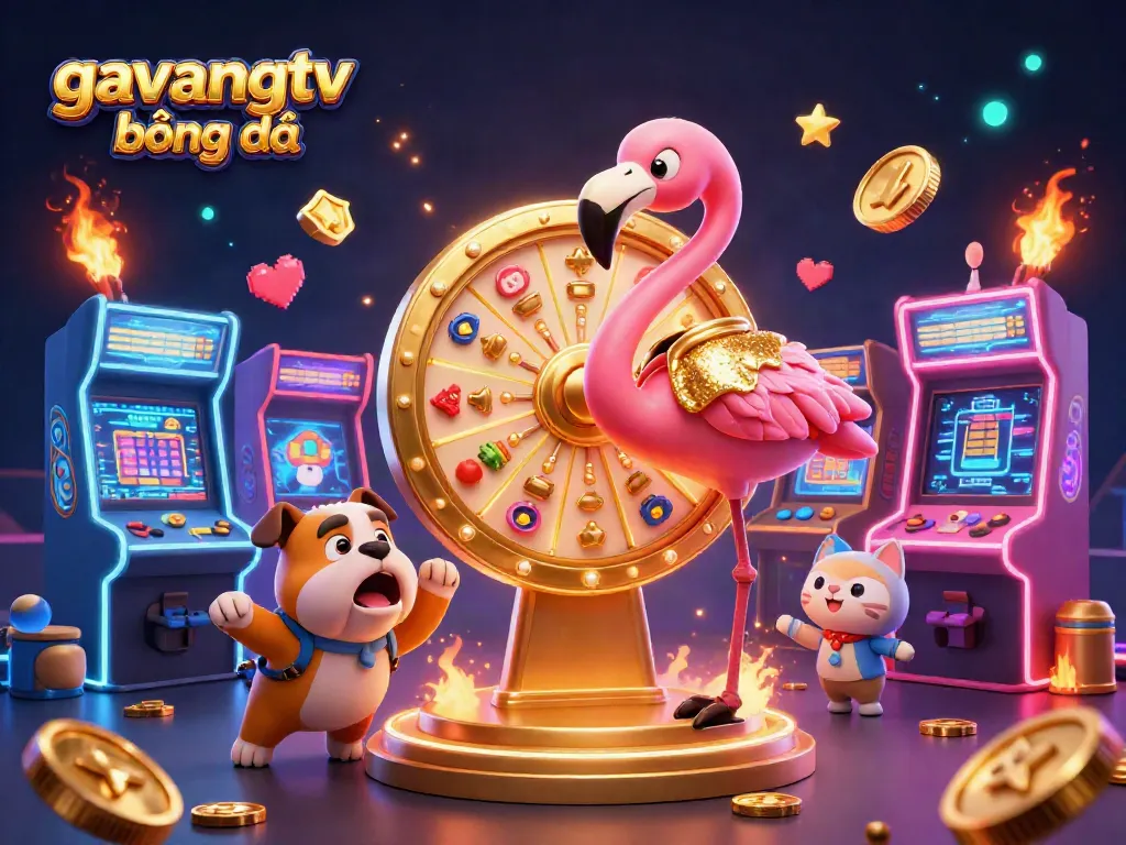 Engage with gavangtv bóng đá as a cartoon flamingo hosts a thrilling prize wheel spinning event.