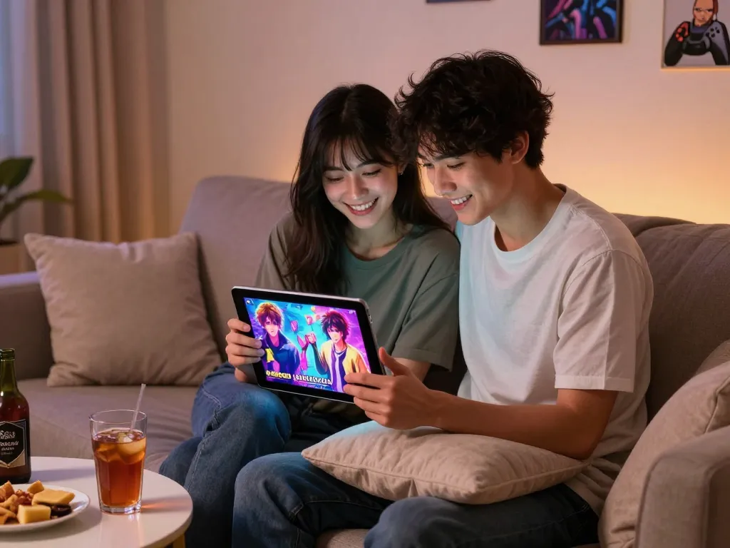 Couple enjoying a porn game on a tablet in a cozy living room.