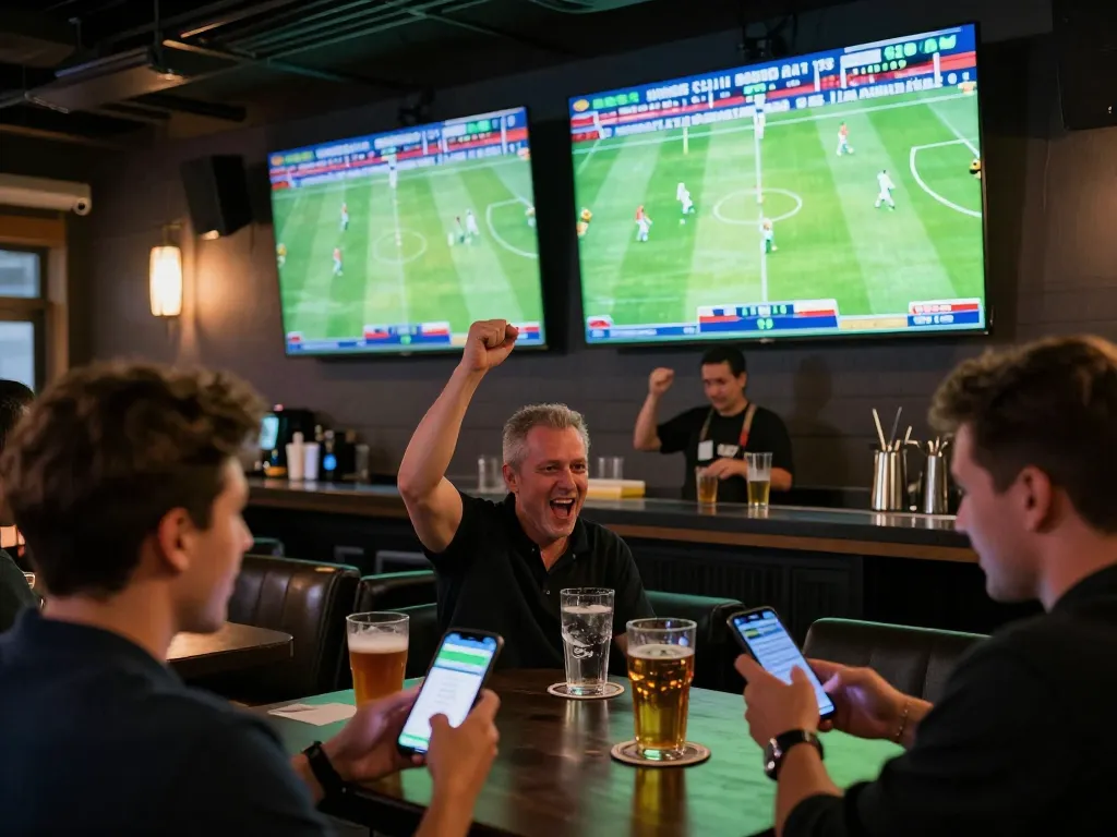 Bongdalu users celebrating a football goal while betting in an upscale sports bar.
