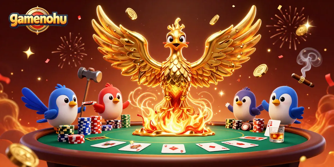 Experience the thrill of gamenohu with a dynamic 3D phoenix and poker scene bursting with action.