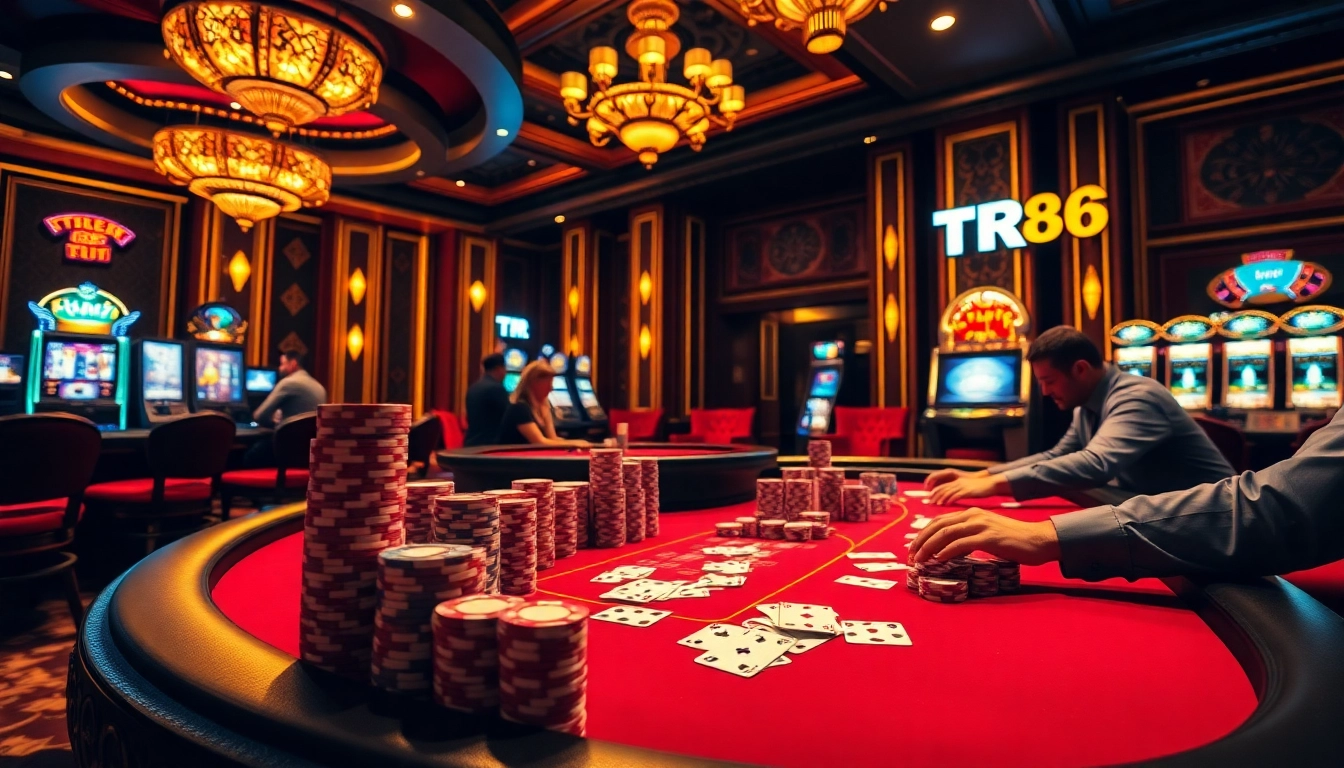 Players strategizing at a TR88 poker table amid a luxurious casino setting.