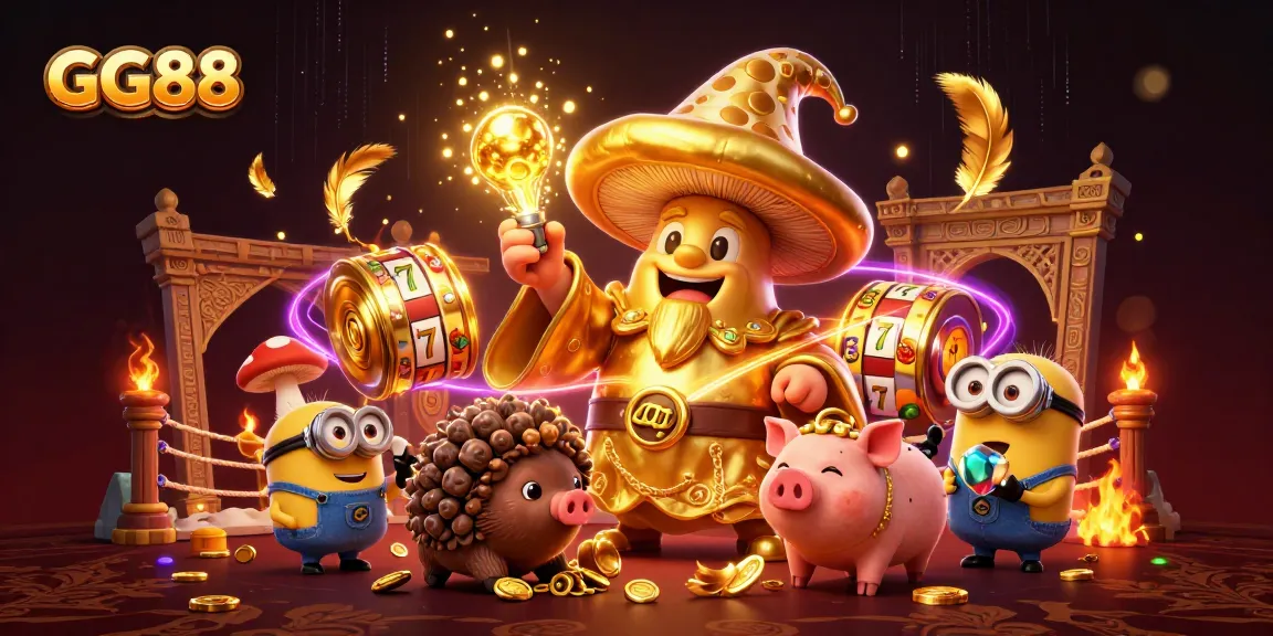 GG88 gaming visual featuring a magical gold wizard and treasure-hunting pig in a vibrant casino