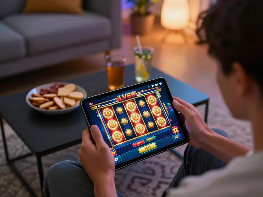 Player engaging passionately with the LV88 casino app, vibrant slot reels displayed on tablet.
