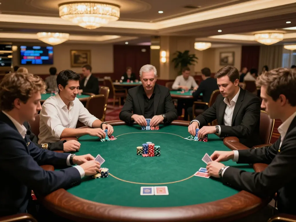 Playing high-stakes poker at https://mm88.green/ table, chips stacked high, intense game atmosphere.