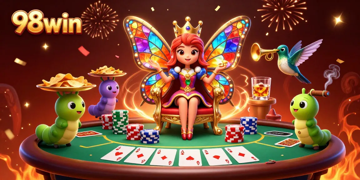 Exciting 98win gaming experience with cartoon butterfly queen, vibrant elements, and poker themes.