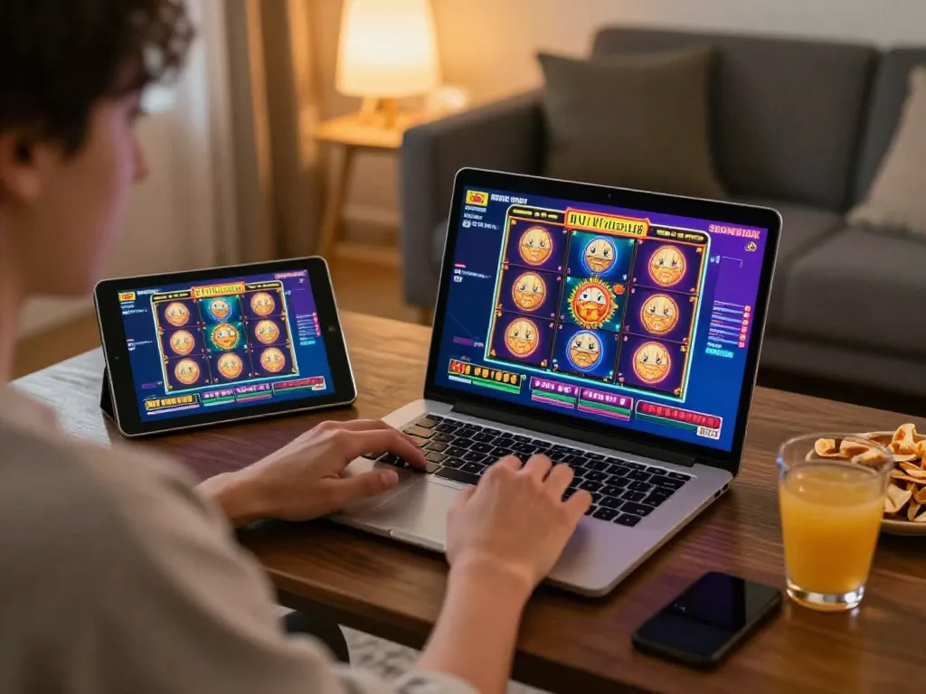 Player enjoying exciting slot games on pucuk138 online platform from a cozy home setup.