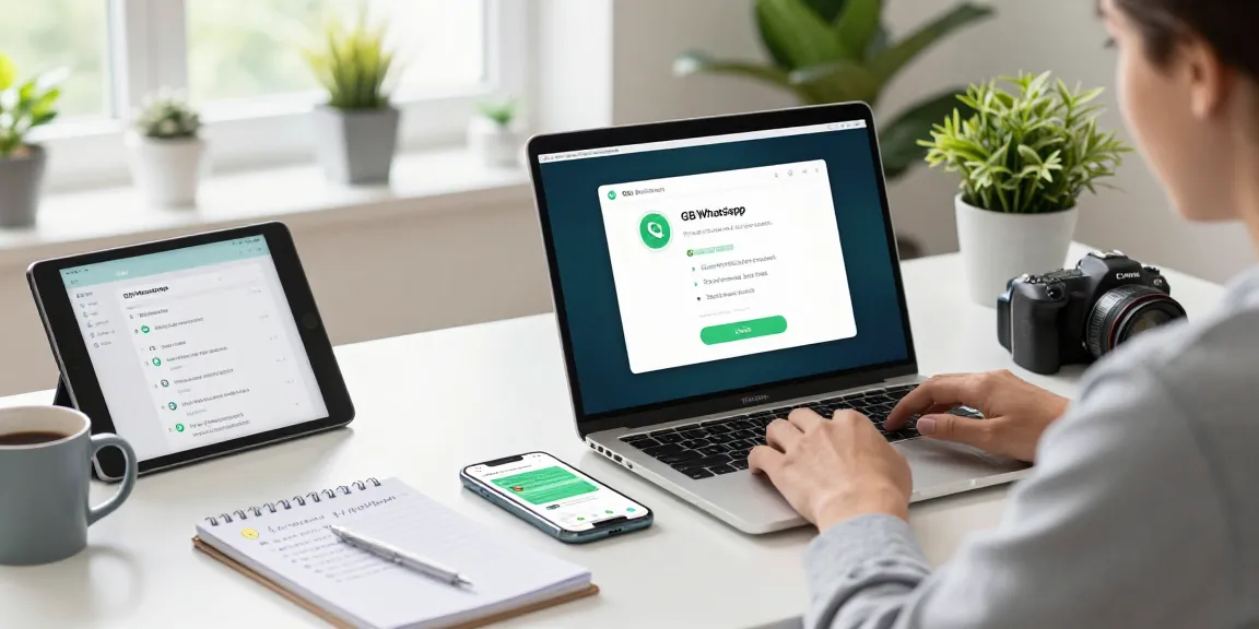 Person using the GB WhatsApp app on a modern workspace desk, showcasing tech-savvy features and vibrant atmosphere.