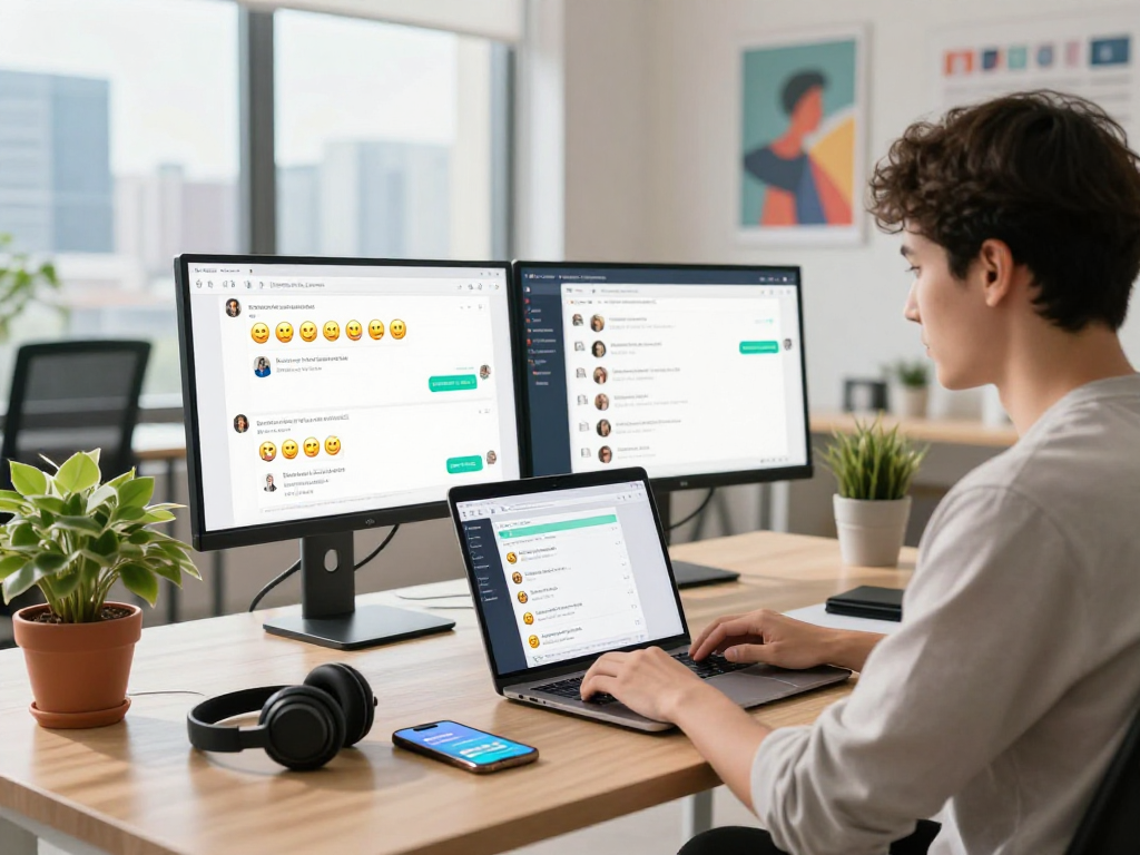 Engaging in spicychat on laptop in a modern home office setting with vibrant decor.