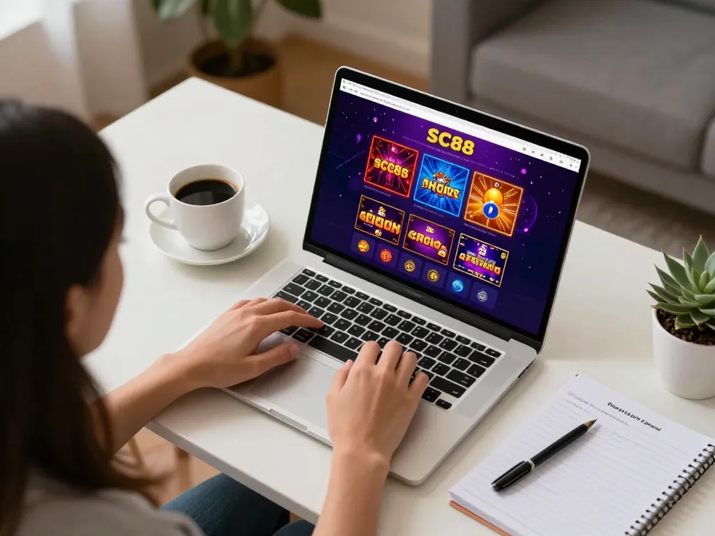 Engaging in SC88 online gaming with a laptop interface showcasing vibrant casino options.