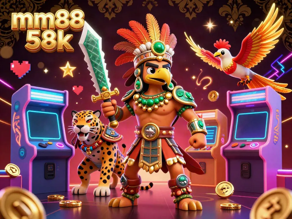 Engage with mm88 58k through an electrifying 3D gaming scene featuring Aztec warriors and vibrant arcade elements.
