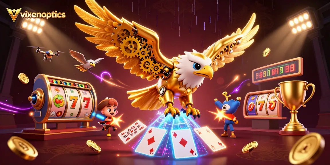 Experience thrilling gameplay at vixenoptics with a vibrant 3D scene of a golden eagle and slot elements.