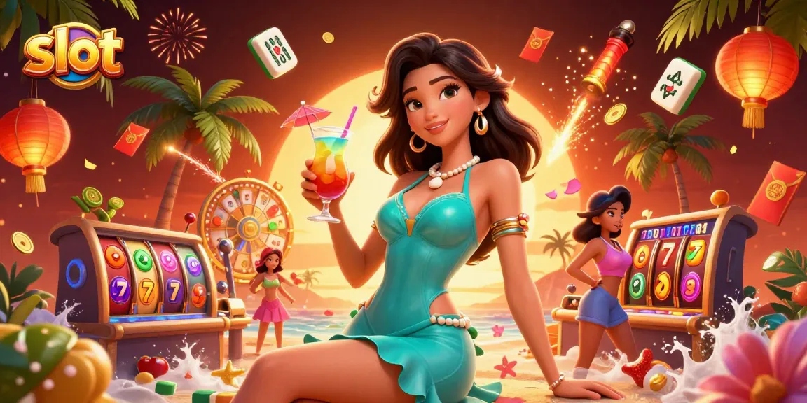 Spin the slot reels with vibrant symbols in a tropical casino scene.